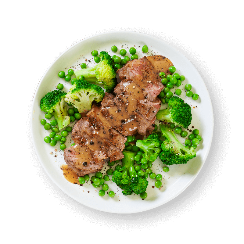 Steak with Peppercorn Sauce and Mixed Veg