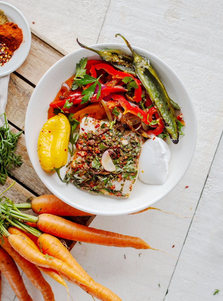 Jerk Spiced Fish with Carrot & Capsicum Salsa and Coconut Yoghurt